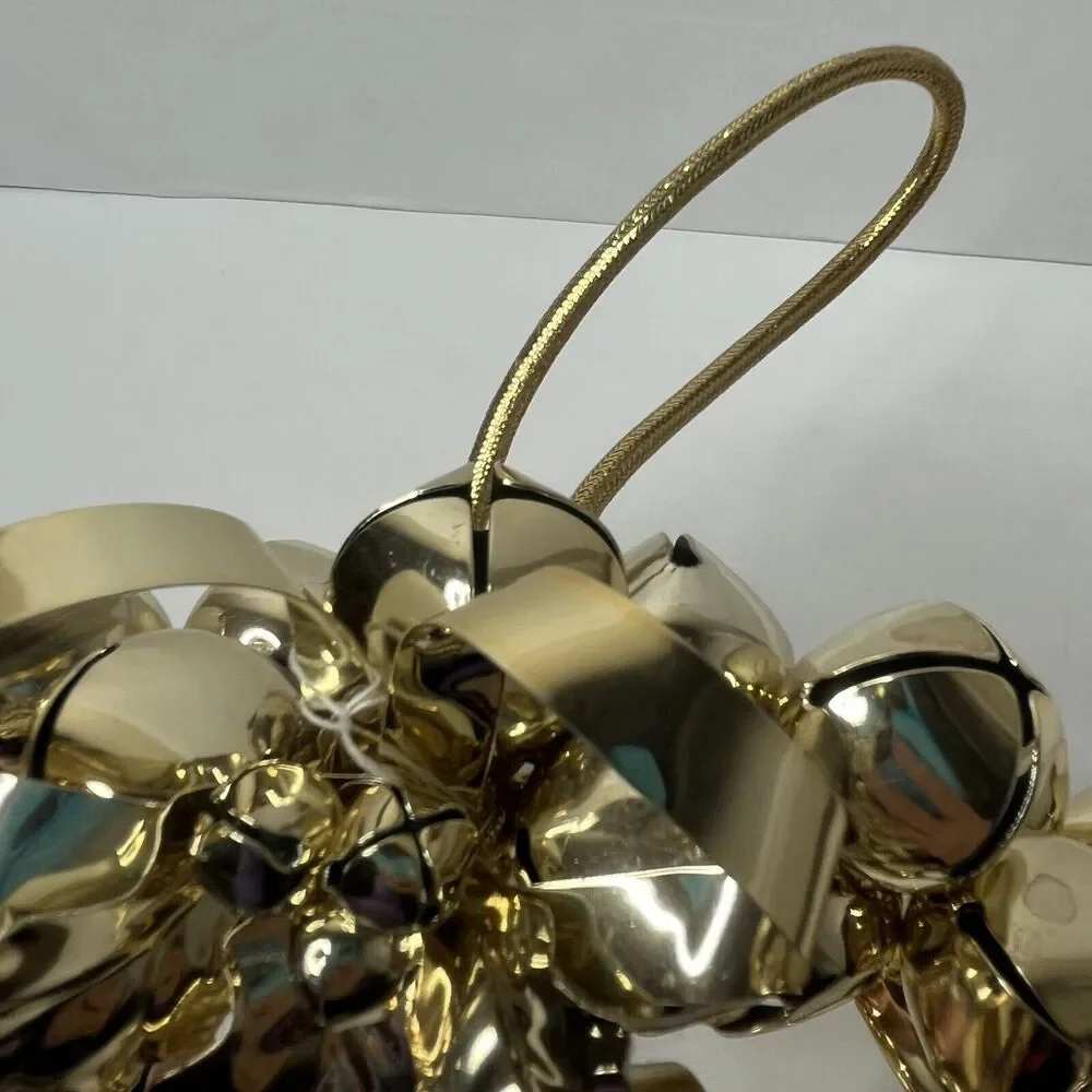 Christmas Gold Metal Holly Leaves Jingle Bells Wreath 9”